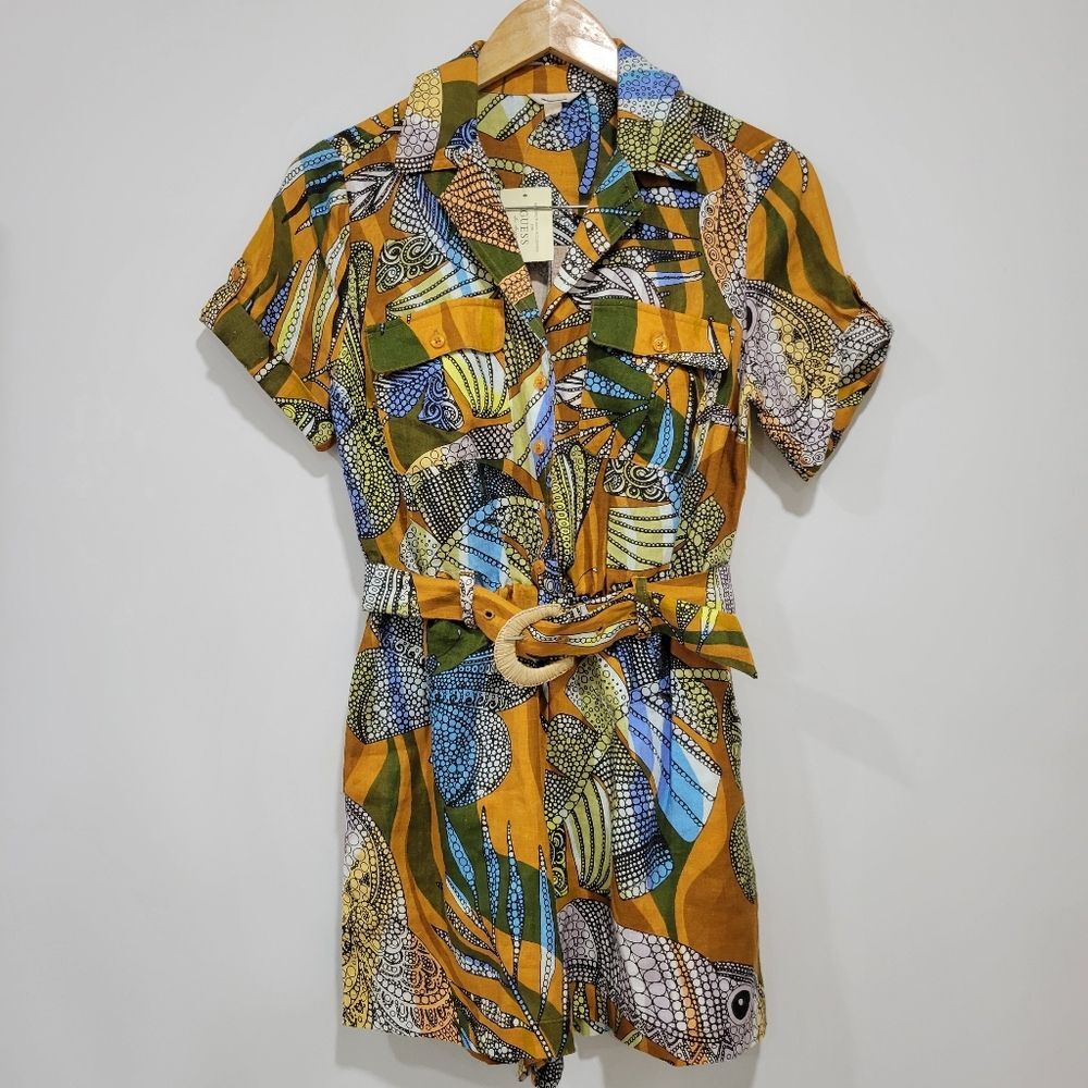 Guess Women's Cindy 100% Flax Linen Colorful Patterned Romper Size XS Tropical